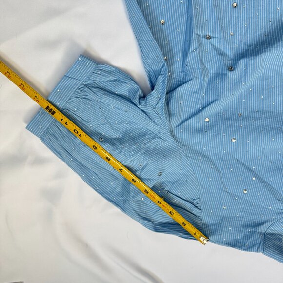 NWT Loft Blue White Striped Short Puff Sleeve Blouse Glitter Dots Cottagecore - Picture 12 of 15